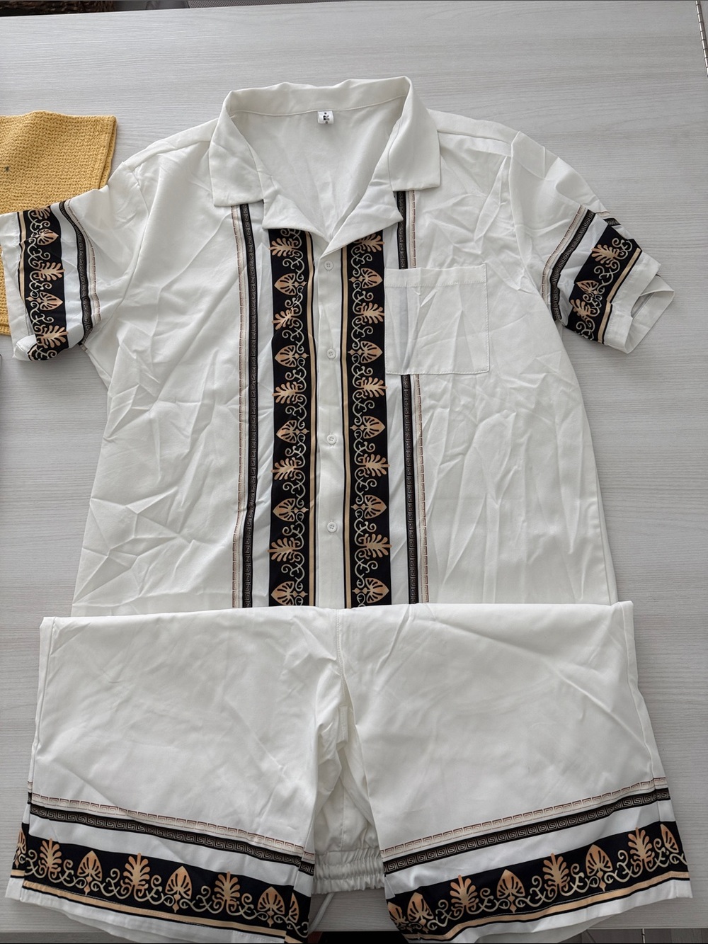 Men's White Short Sleeve Button-Down Shirt with Black & Tan Trim